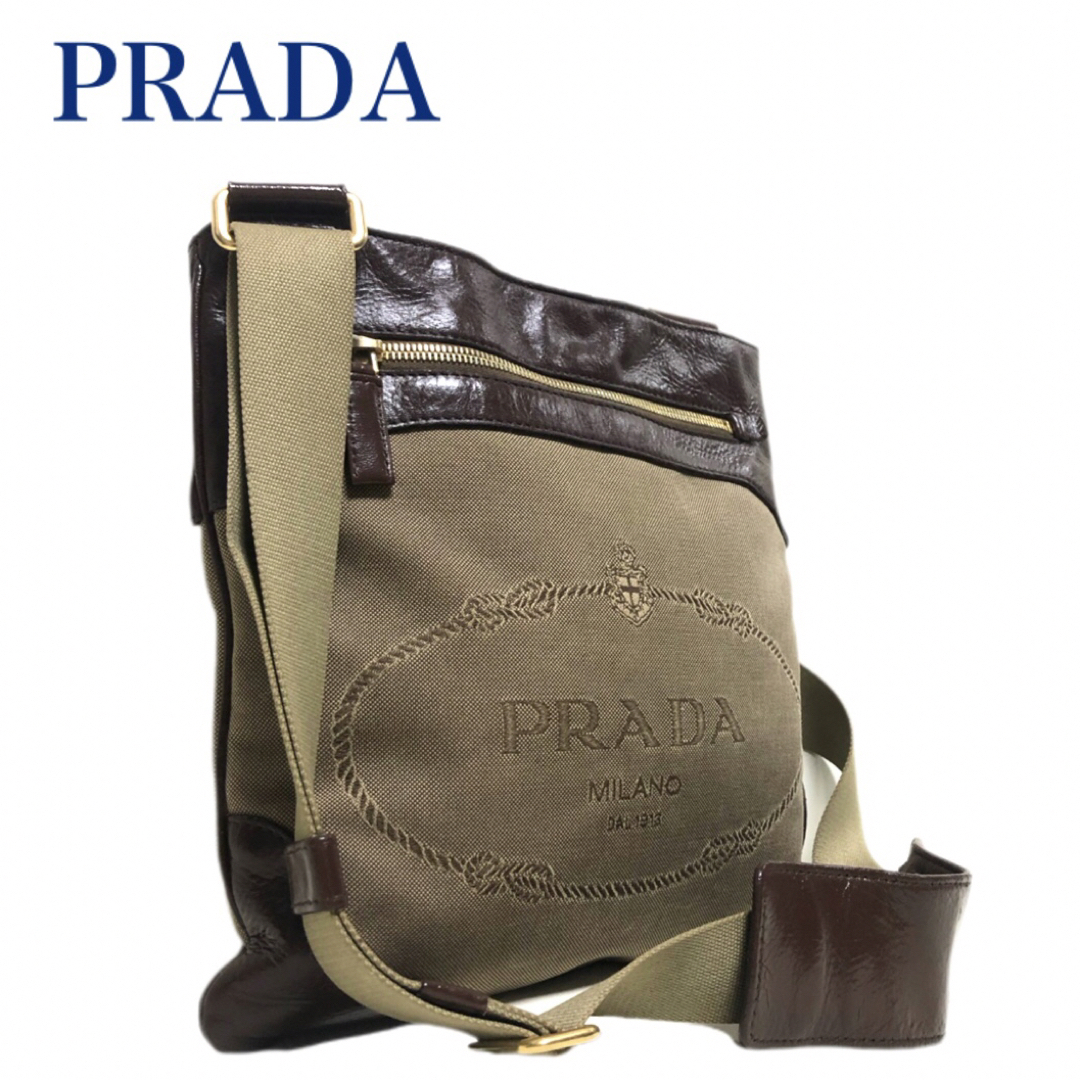 PRADA プラダ ジャガードキャンパス/レザー ショルダーバッグ  サコッシュバッグ