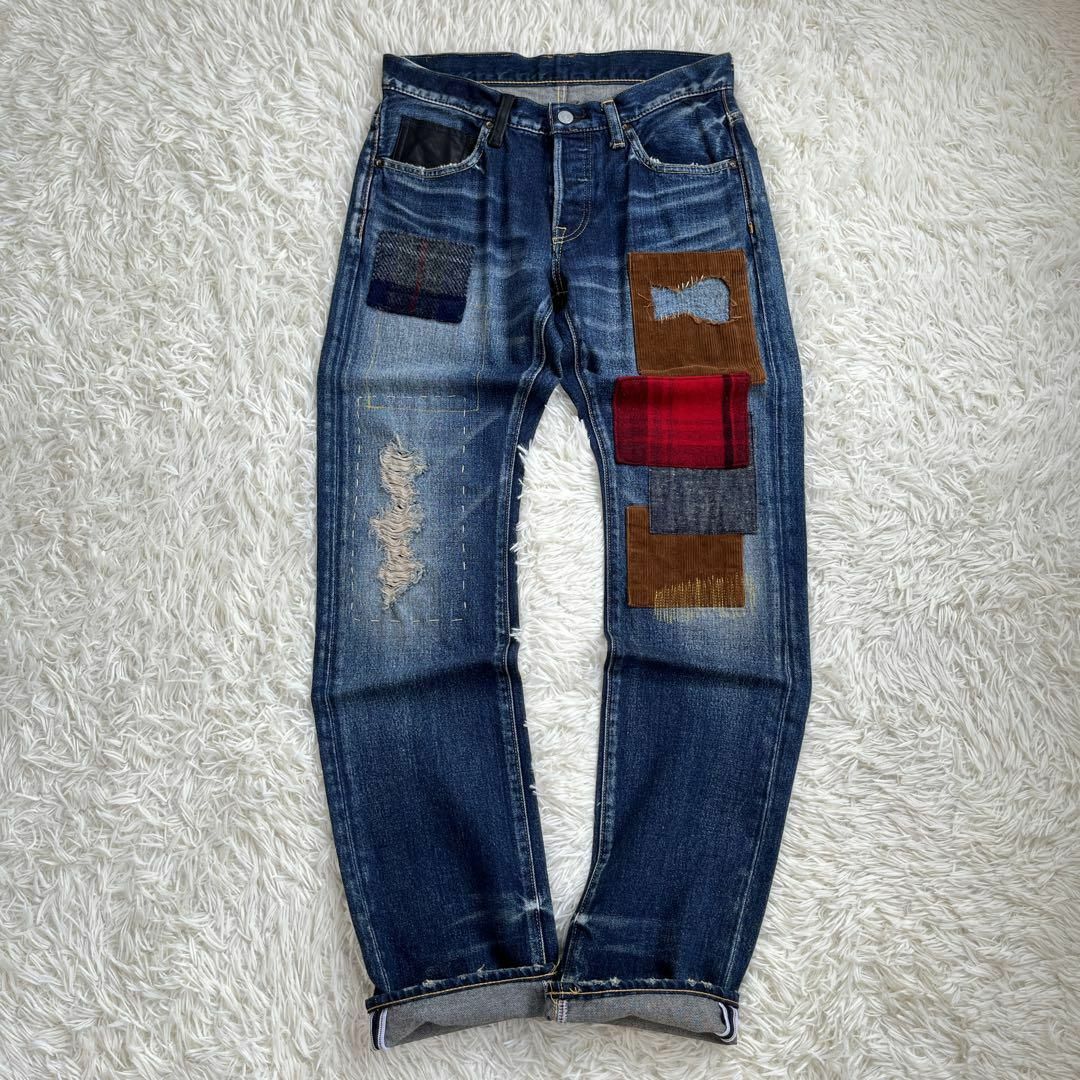 美品】TMT デニム パンツ ジーンズ パッチワーク リペア加工 本革レザー-