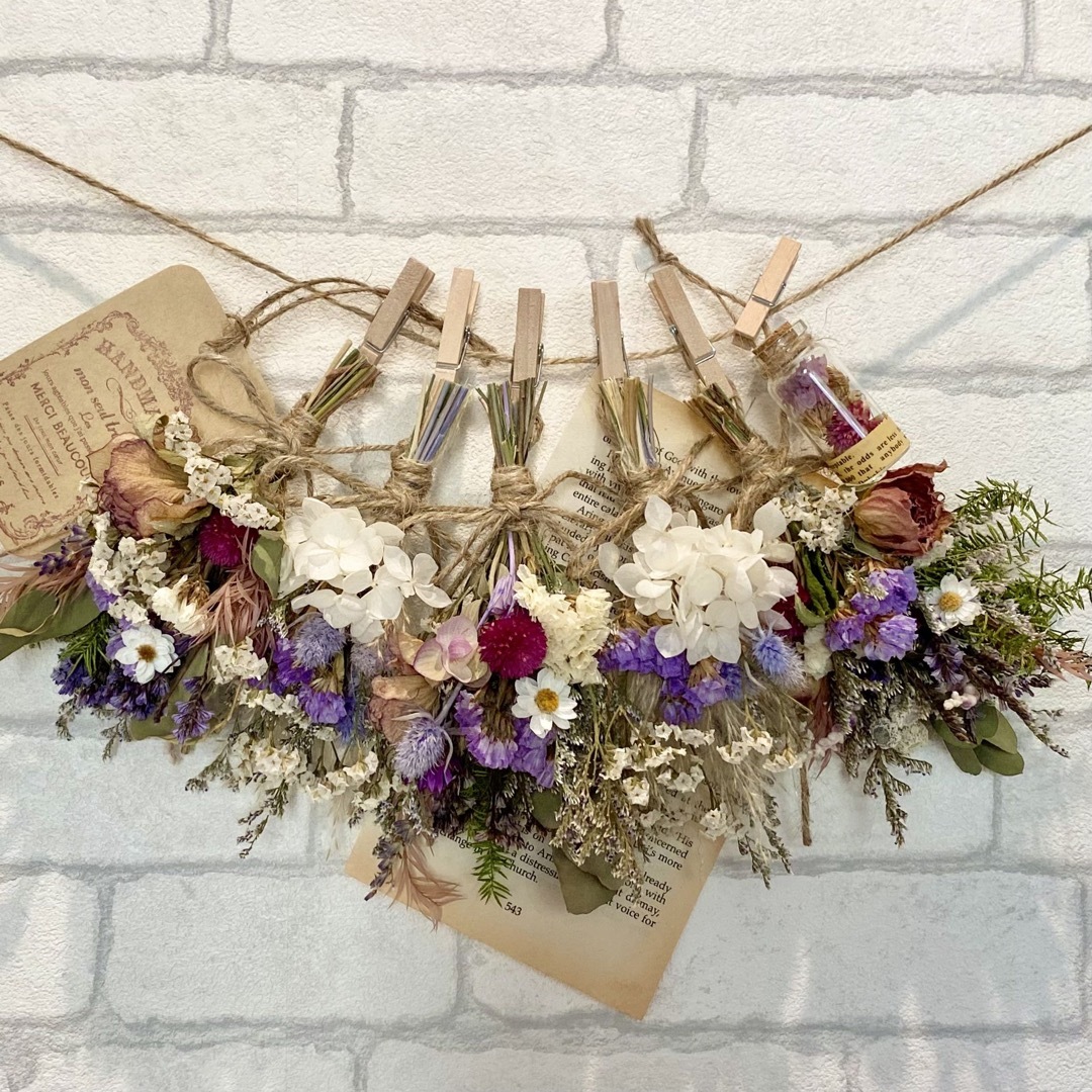 花束ドライフラワー スワッグ ガーランド❁932紫 白 花束 ギフト プレゼント
