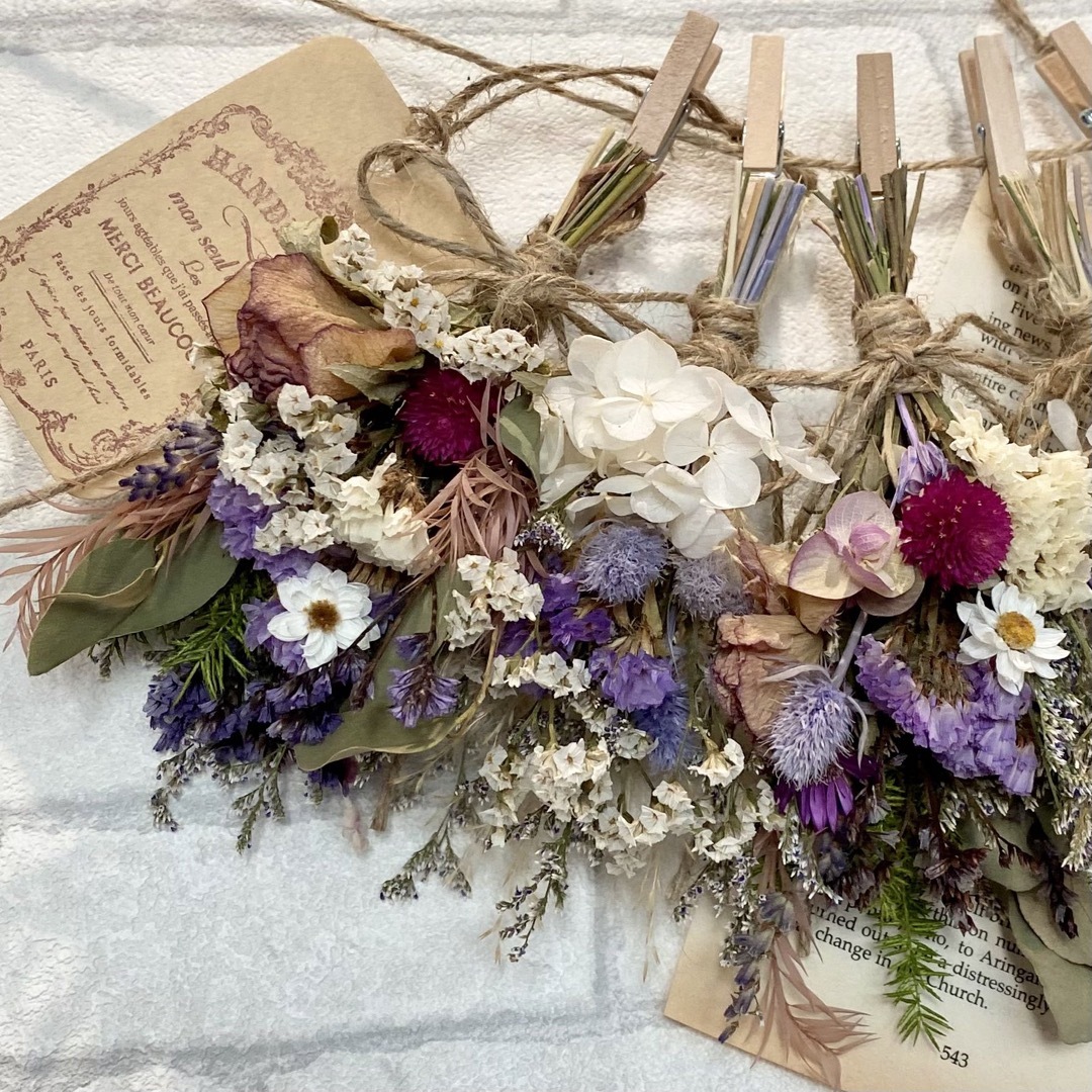花束ドライフラワー スワッグ ガーランド❁932紫 白 花束 ギフト プレゼント