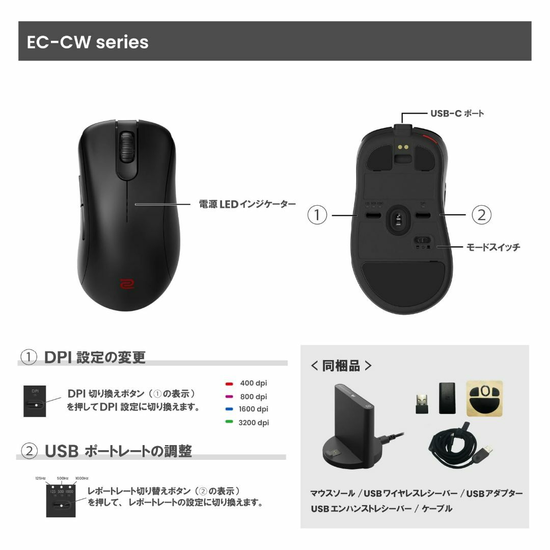 BenQ ZOWIE EC2-CW ワイヤレスゲーミングマウス（左右非対称デザイの