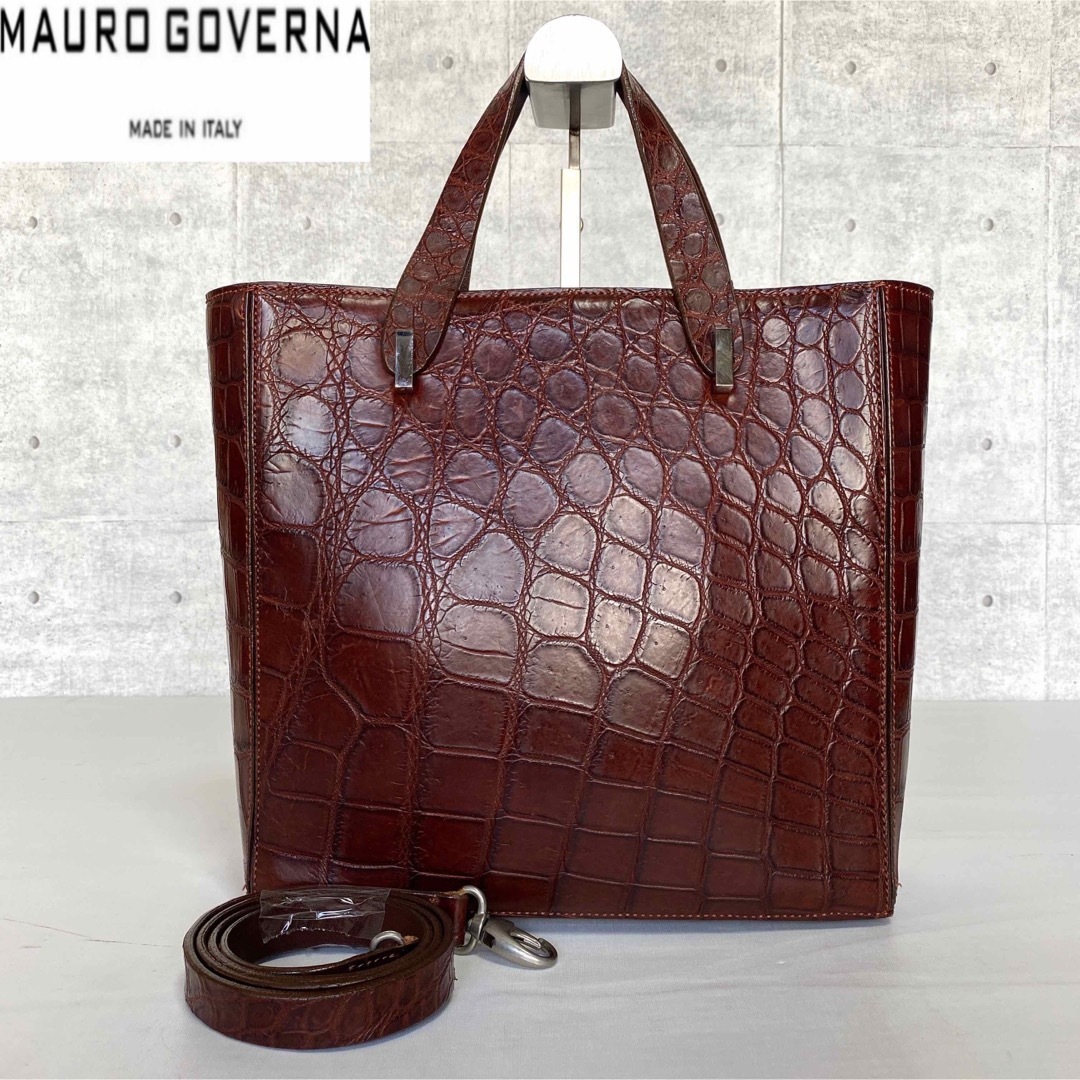 MAURO GOVERNA クロコダイル マットブラウン 本革 A4トートバッグ-