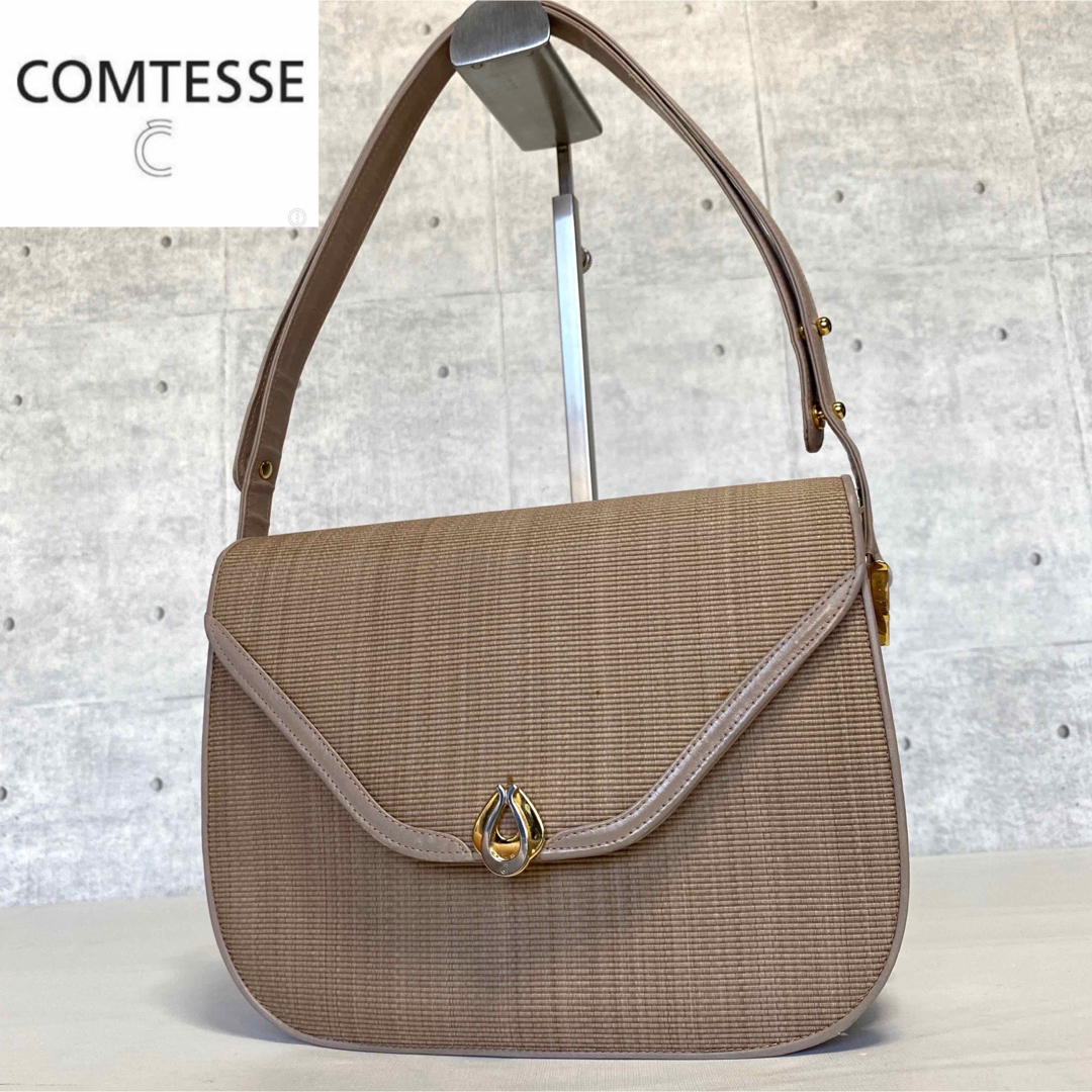 COMTESSE ホースヘア×レザー グレージュ ゴールド金具 ショルダーバッグ-