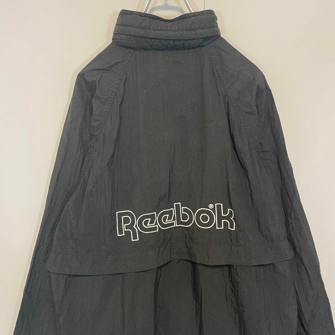 【希少デザイン】　リーボック　ナイロンジャケット　ビッグ刺繍ロゴ　オールブラック