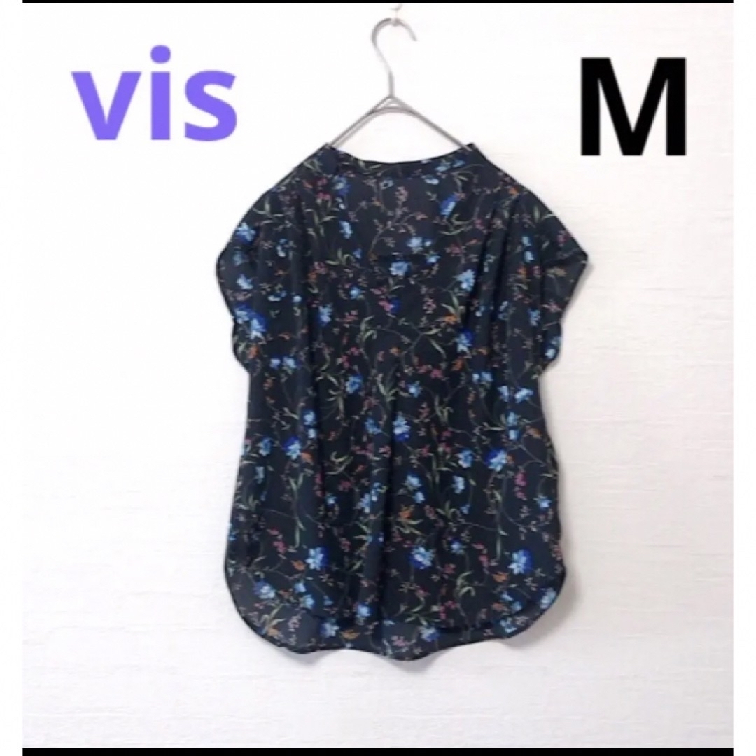 ViS(ヴィス)の【即日発送】美品 ビス vis スキッパーブラウス ブラック M 花柄 フレンチ レディースのトップス(シャツ/ブラウス(半袖/袖なし))の商品写真