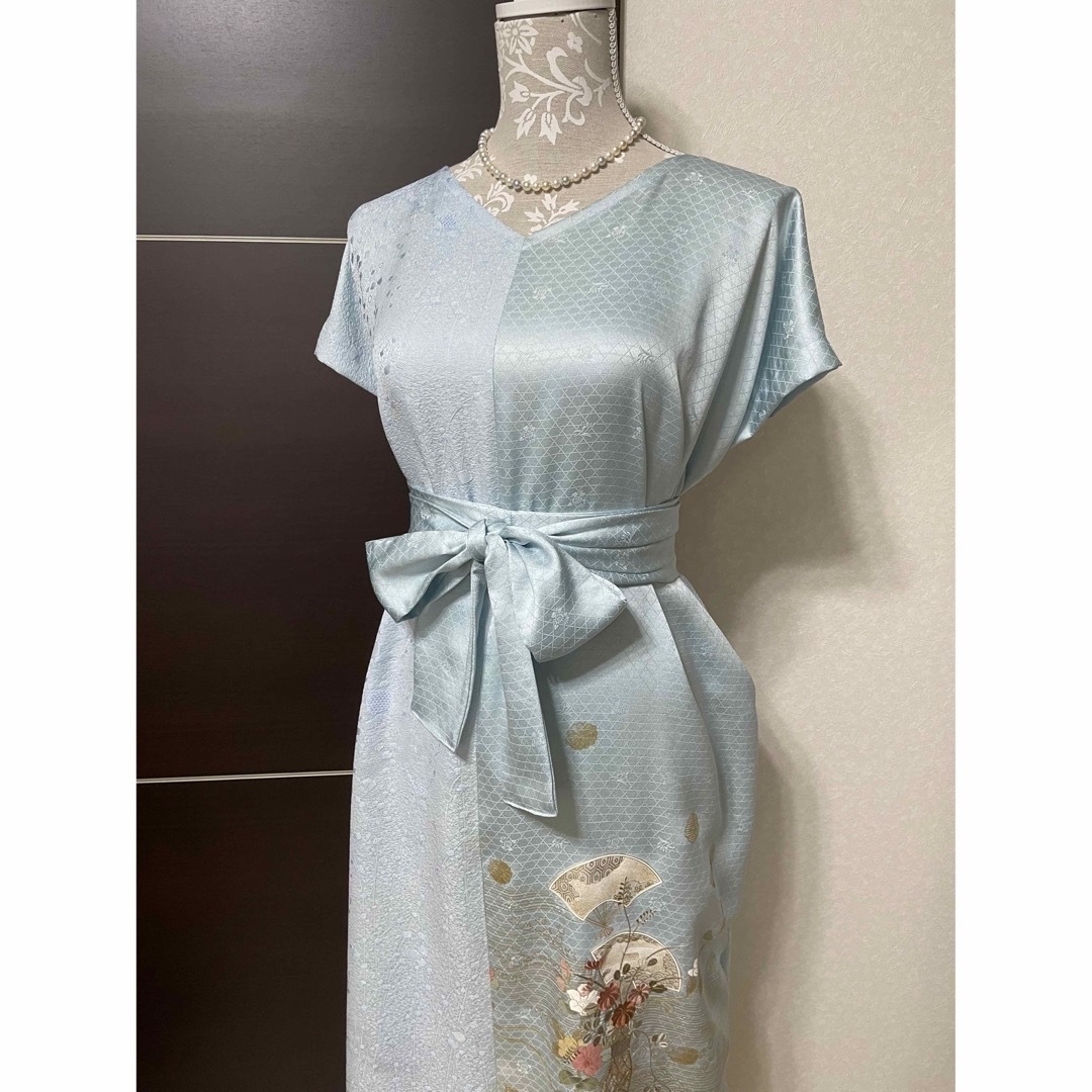 正絹シルク★着物リメイク 和洋服 ロングワンピース 付け下げ訪問着 花刺繍 金彩 レディースの水着/浴衣(着物)の商品写真