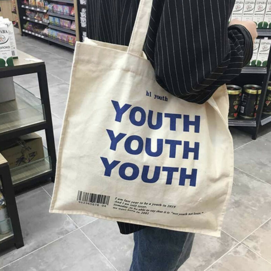 youth 英字 ロゴ トートバッグ マチあり スリム きなり 韓国ファッション レディースのバッグ(トートバッグ)の商品写真