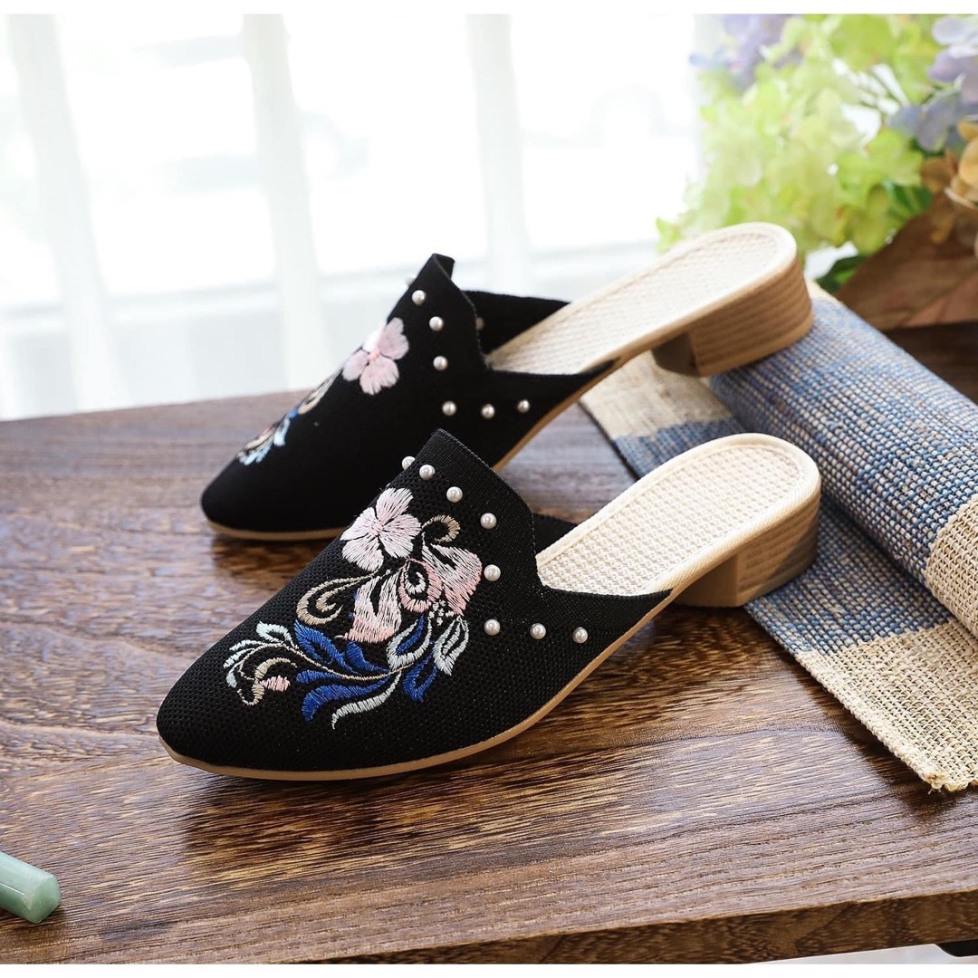☆オシャレ 花 刺繍 ミュール サンダル 23.0 ブラック レディース