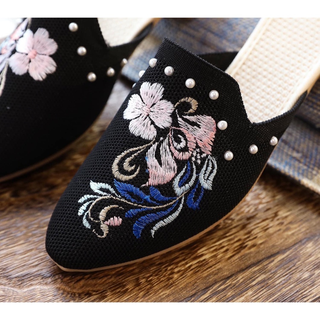 ☆オシャレ 花 刺繍 ミュール サンダル 23.0 ブラック レディース