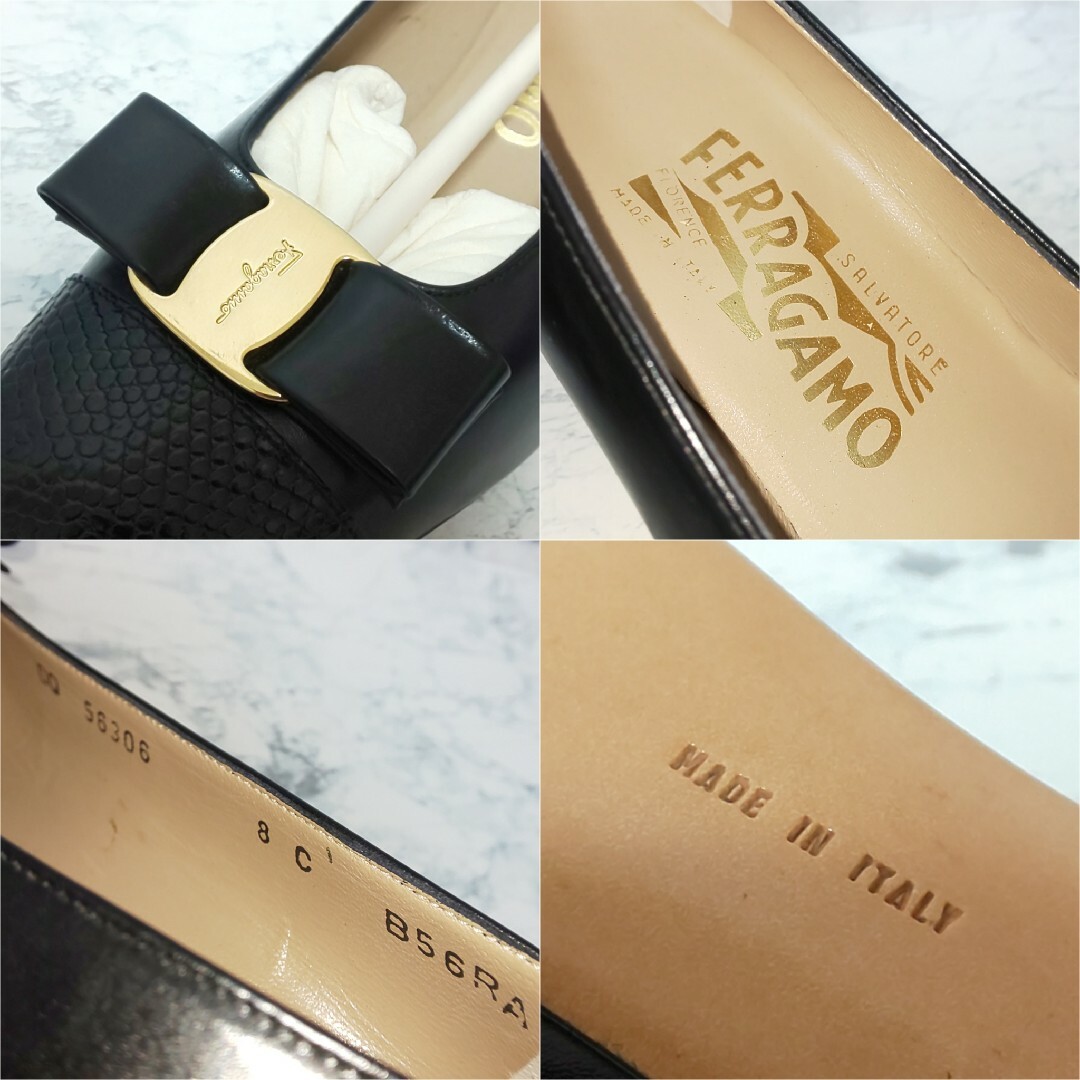 Salvatore Ferragamo(サルヴァトーレフェラガモ)の未使用/箱付 Ferragamo ヴァラリボン ヒールパンプス カーフ×リザード レディースの靴/シューズ(ハイヒール/パンプス)の商品写真