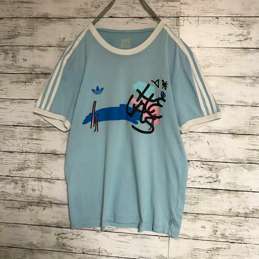 90s adidas 刺繍 リンガー tシャツ 水色  レディース