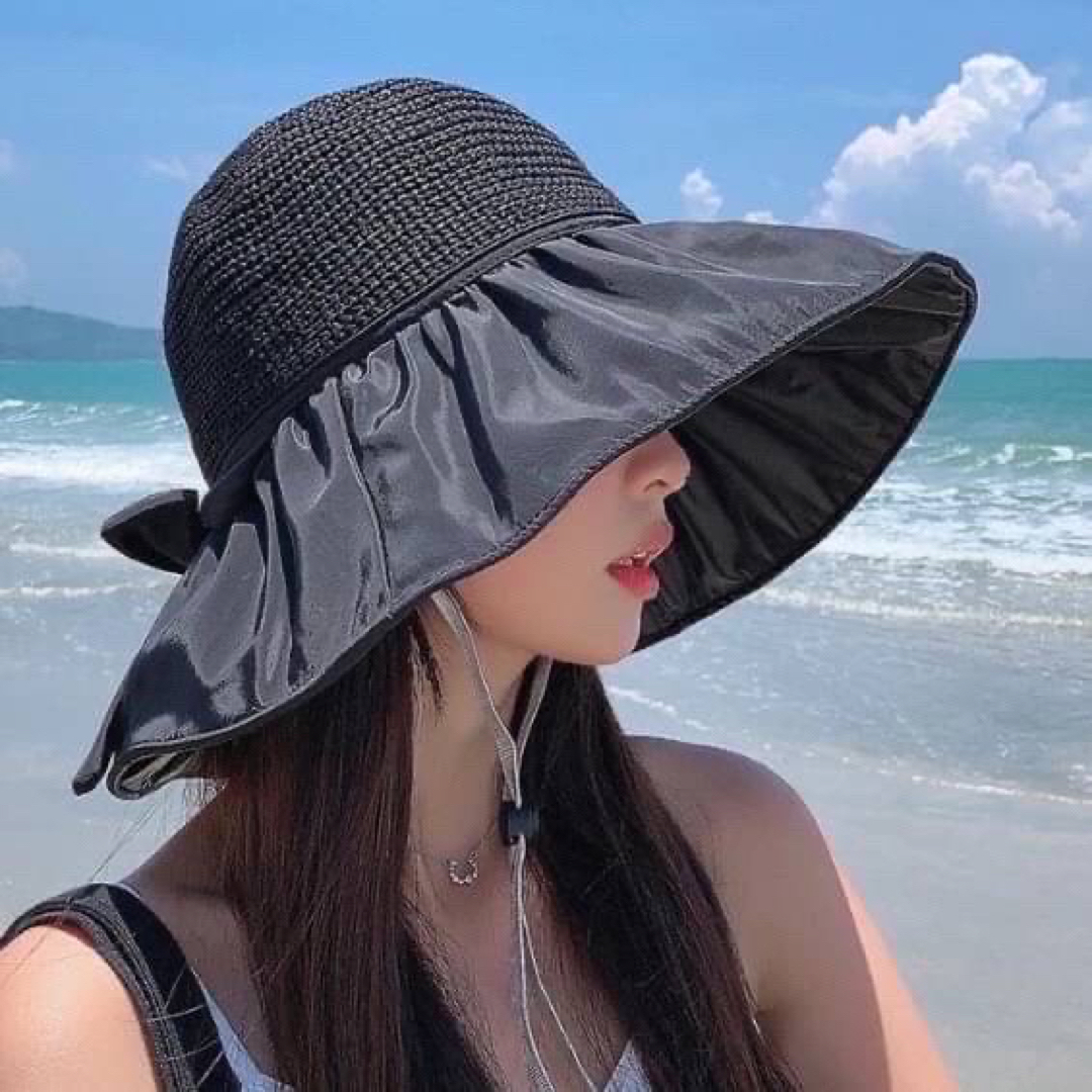 つば広　麦わら　帽子　UVカット　日焼け対策　折りたたみ　あご紐付き　海　旅行　 レディースの帽子(麦わら帽子/ストローハット)の商品写真
