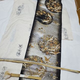 正絹 着物帯 袋帯 黒×シルバー系 刺繍 金糸 フォーマル 訪問着 留袖 付 ...