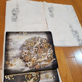 正絹 着物帯 袋帯 黒×シルバー系 刺繍 金糸 フォーマル 訪問着 留袖 付