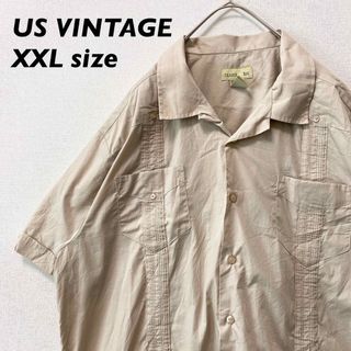 US古着　キューバシャツ　メキシカン　半袖　刺繍ライン　開襟　男女兼用　XXL(シャツ)