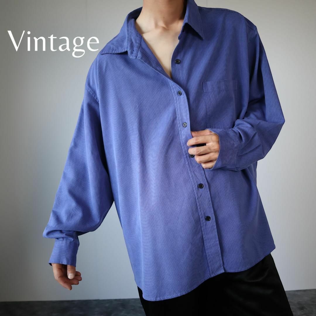 ART VINTAGE(アートヴィンテージ)の【vintage】グラフチェック レトロ ルーズ とろみ 長袖シャツ 青 XL メンズのトップス(シャツ)の商品写真