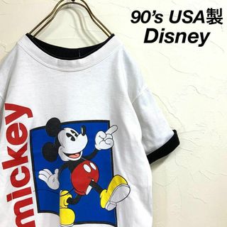 ディズニー(Disney)の希少 90‘s USA製 Disney 割れ目ミッキー リンガー tシャツ(Tシャツ/カットソー(半袖/袖なし))