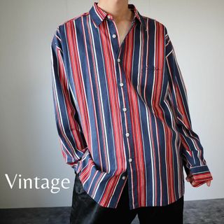 アートヴィンテージ(ART VINTAGE)の【vintage】ストライプ 柄 ルーズ コットン 長袖シャツ 刺繍 XXL(シャツ)