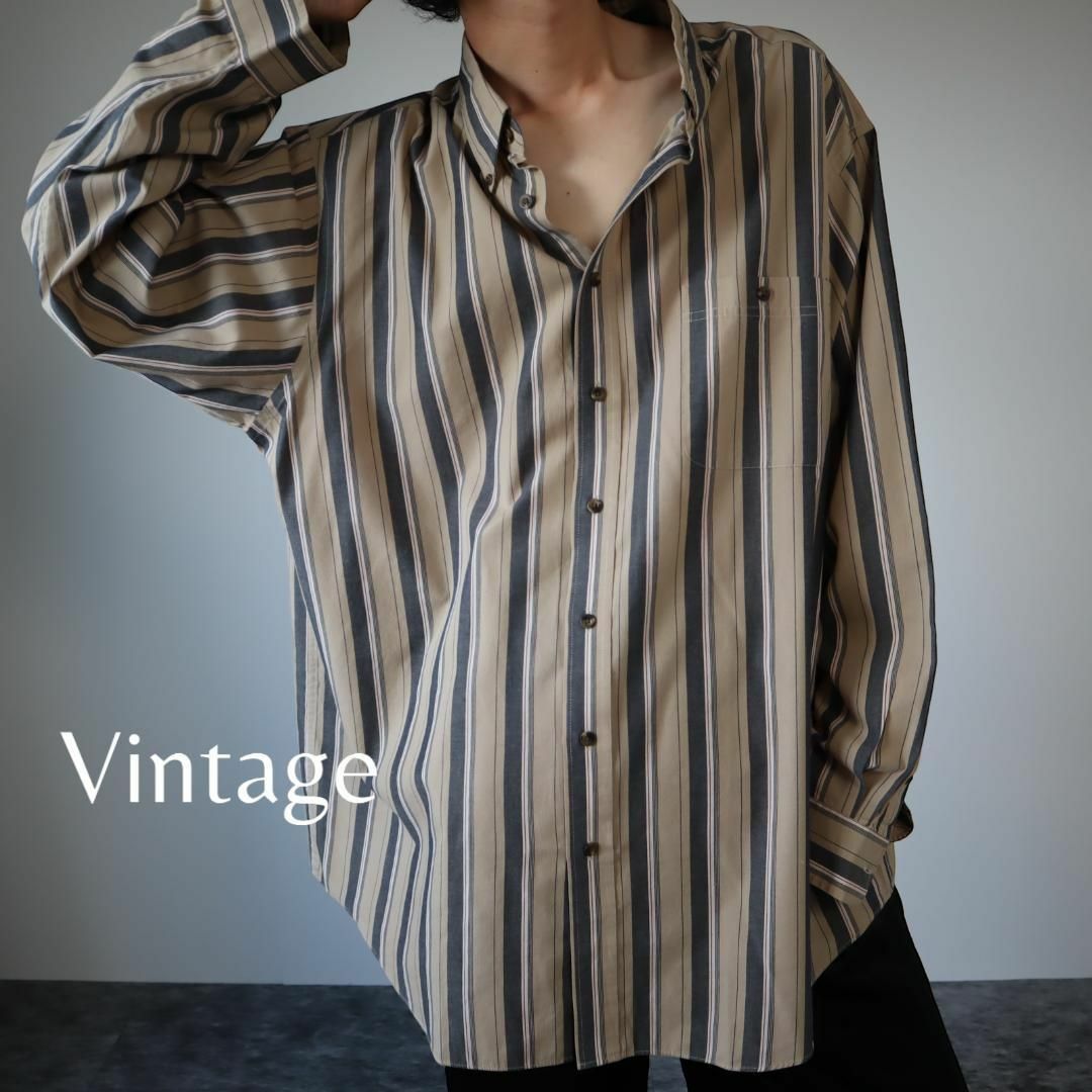 【vintage】ニュアンスカラー ストライプ ボタンダウン 長袖シャツ 3XL