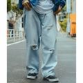 【SAXBLUE】RIPPED DENIM WIDE PANTS