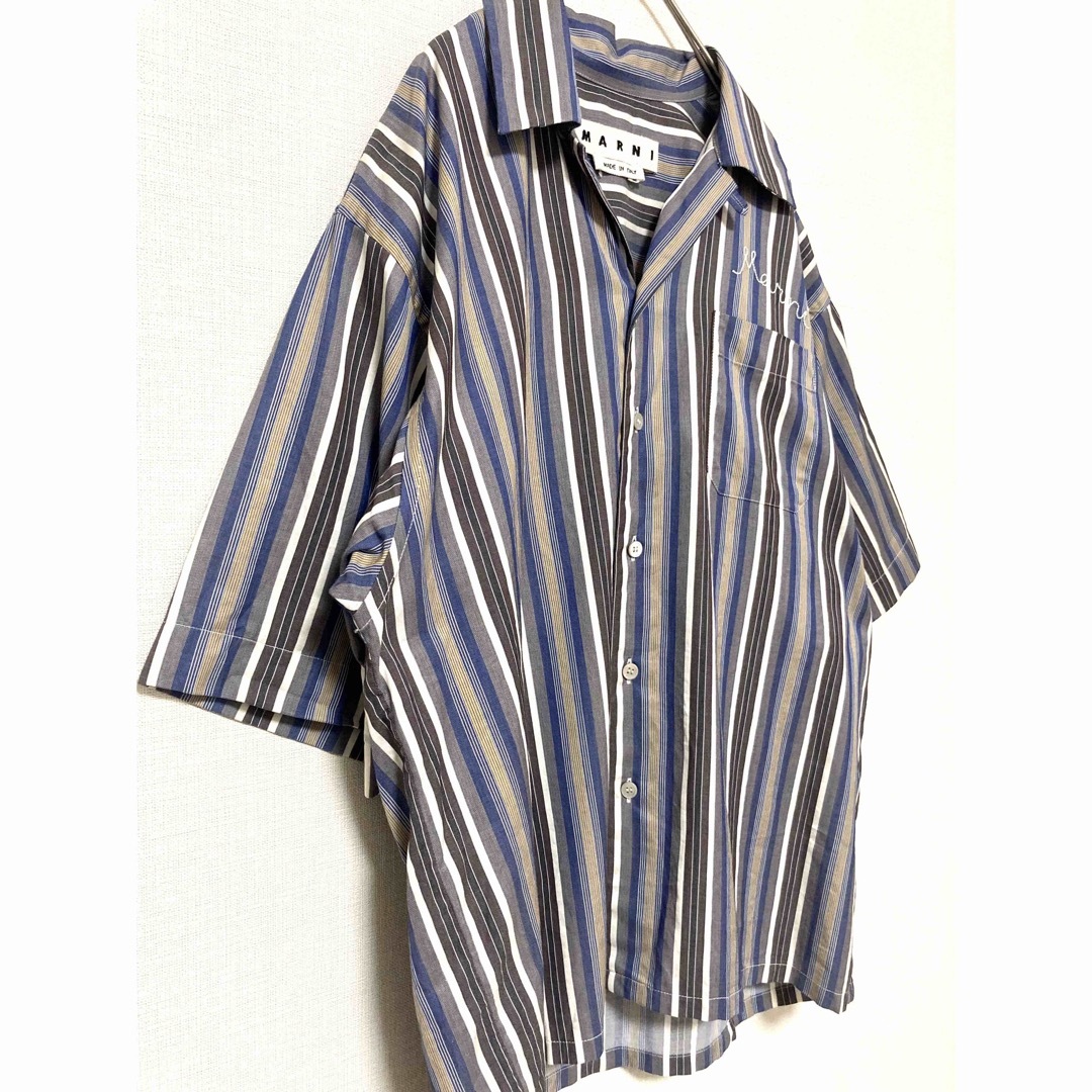 マルニ　ストライプ　ロゴ刺繍　オープンカラーシャツ　開襟　メンズ　コットン　46