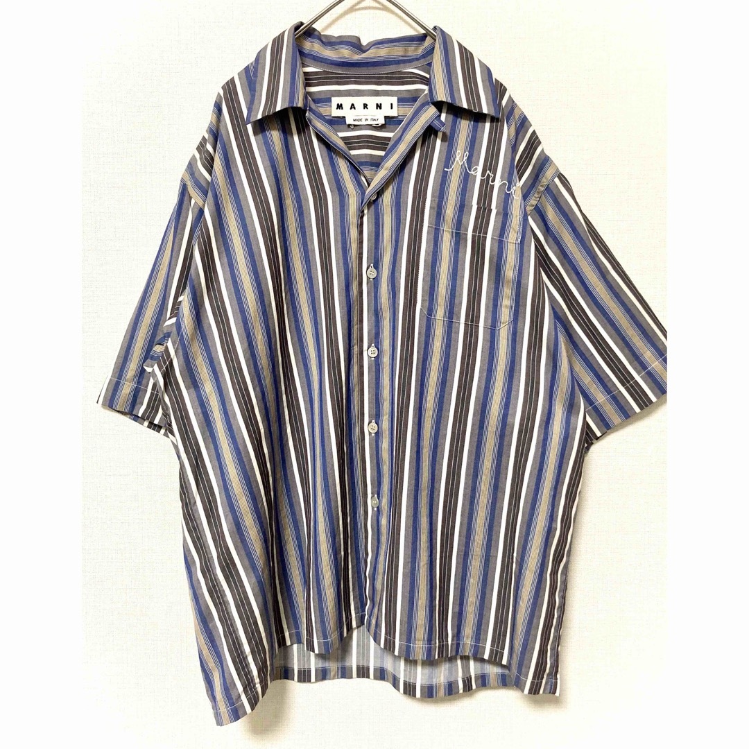 マルニ　ストライプ　ロゴ刺繍　オープンカラーシャツ　開襟　メンズ　コットン　46
