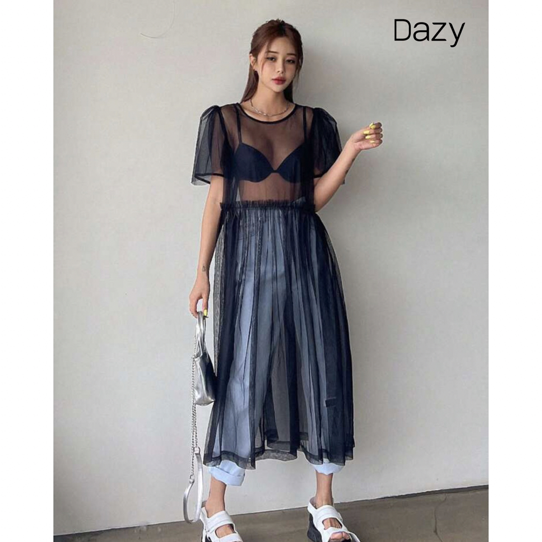 DAZY 無地柄 シアーメッシュ オーバーレイ ドレス レディースのワンピース(ロングワンピース/マキシワンピース)の商品写真