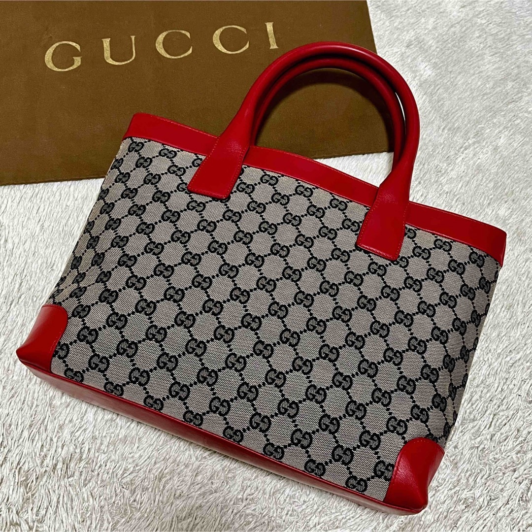 Gucci(グッチ)の✨美品✨グッチ トートバッグ 肩掛け GGキャンバス×レザー A4収納 レッド  レディースのバッグ(トートバッグ)の商品写真