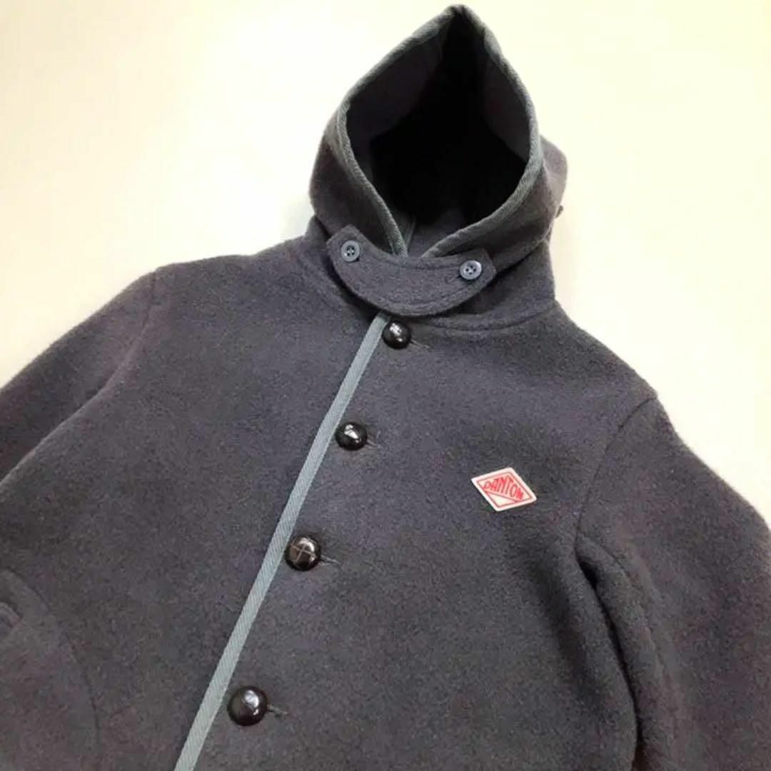 DANTON ウールモッサ フード ショート コート レザー ボタン グレー-