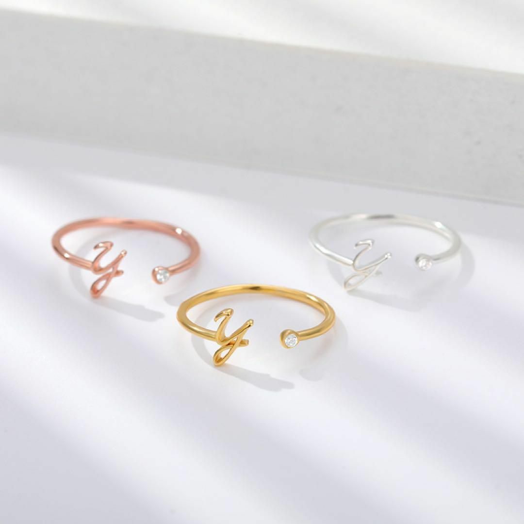 【A ピンクゴールド】イニシャルリング 指輪 ステンレス アルファベット レディースのアクセサリー(リング(指輪))の商品写真