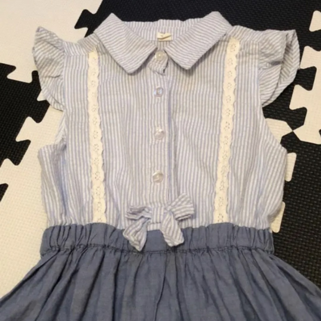 デニムワンピース☆リボン☆袖フリフリ120 小さめ キッズ/ベビー/マタニティのキッズ服女の子用(90cm~)(ワンピース)の商品写真