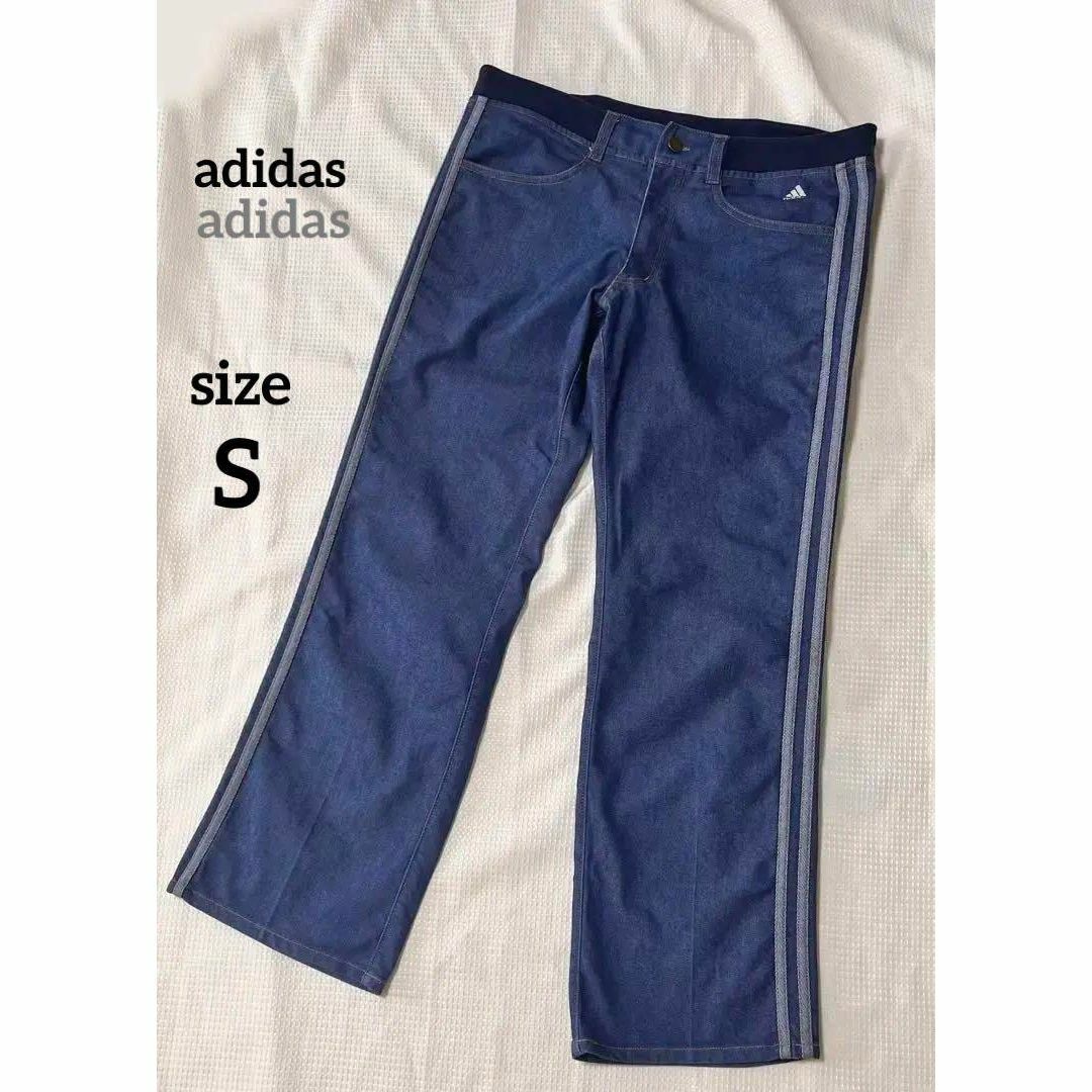 adidas デニム パンツ Sサイズ 国旗 万国タグ ライン デカロゴ-