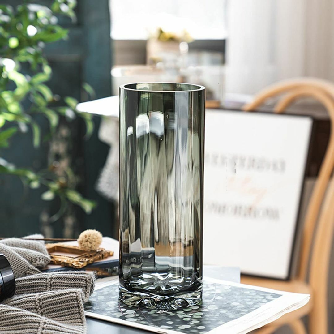 【色: グレー -小（高さ:25cm）】フラワーベース 花瓶 ガラス 透明 シリ