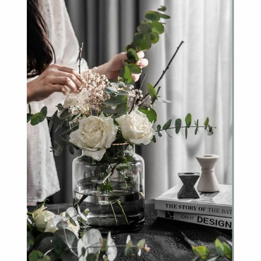【色: グレー + 金縁-小（高さ:18cm）】花瓶 ガラス 透明 グレー 花器
