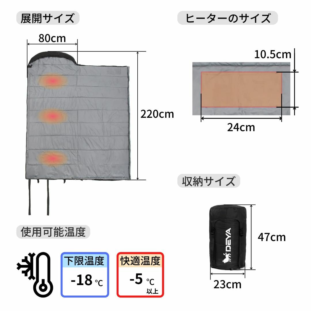 DEYA公式 ポカポカ電気シュラフ オールシーズン 快適温度-5℃〜 暖かい 寝 寝袋/寝具