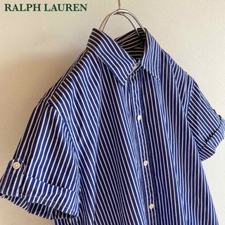 ラルフローレン(Ralph Lauren)のラルフローレン ゴルフ ロールアップ袖 ストライプ 半袖 シャツ ネイビー 白(シャツ/ブラウス(半袖/袖なし))