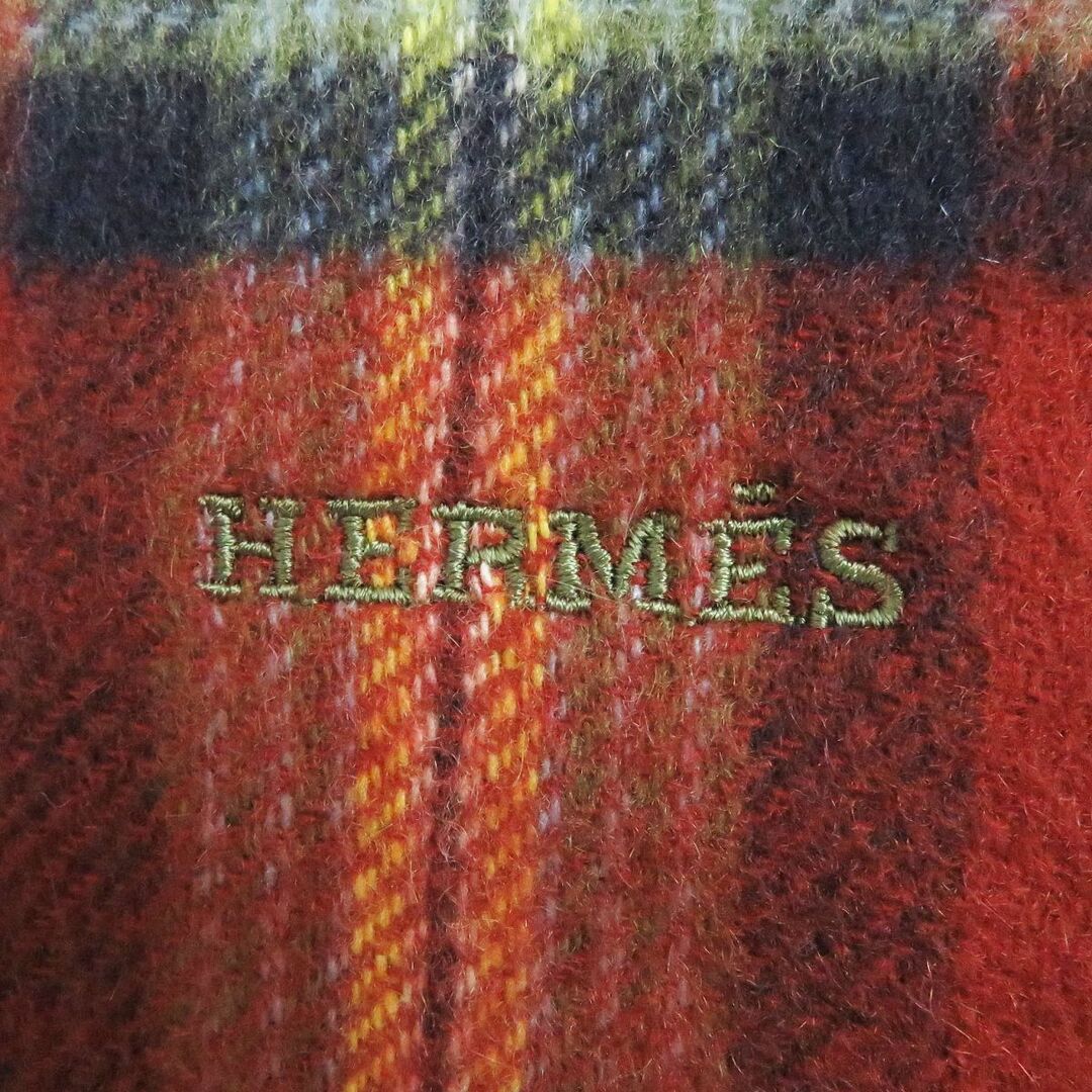 極美品□HERMES/エルメス タータンチェック柄 ロゴ刺繍 カシミヤ100％ フリンジマフラー/ショール レッド系マルチカラー イギリス製 正規品