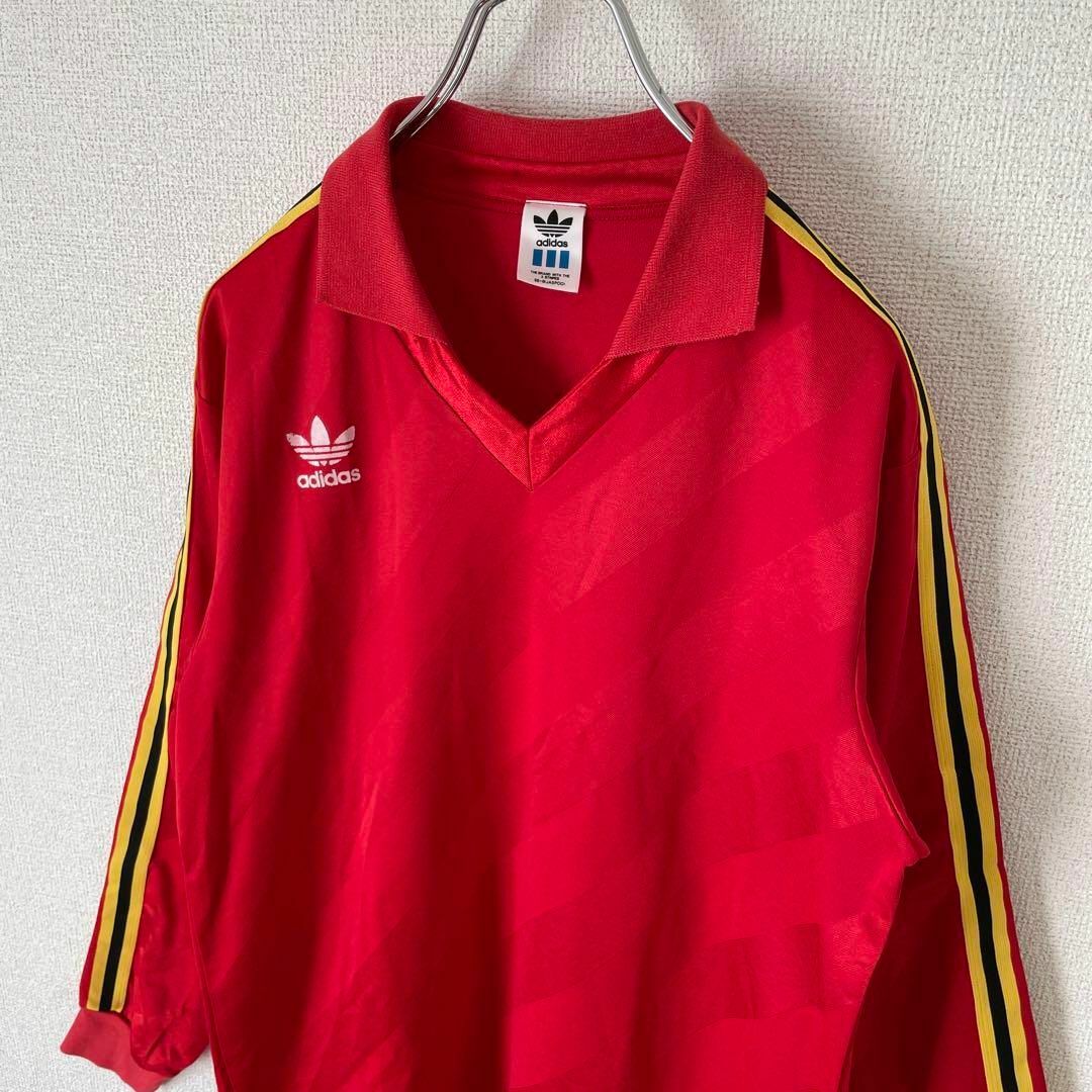 デサント製、ゲームポロ◎】adidas襟付き古着ゲームシャツ赤レッドL長袖-