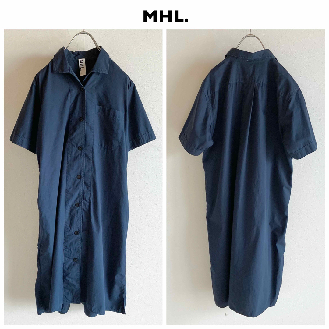 MHL.(エムエイチエル)のMHL コットン ポプリン 半袖 開襟 シャツワンピース サマードレス ネイビー レディースのワンピース(ひざ丈ワンピース)の商品写真