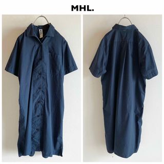 エムエイチエル(MHL.)のMHL コットン ポプリン 半袖 開襟 シャツワンピース サマードレス ネイビー(ひざ丈ワンピース)