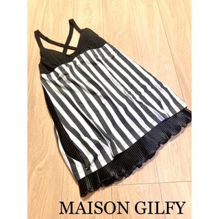 メゾンギルフィー(MAISON GILFY)のMAISON GILFY     ストライプ　プリーツ　異素材ワンピース(ミニワンピース)