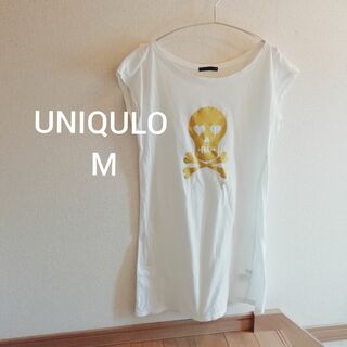 ユニクロ(UNIQLO)のUNIQLO スカル ドクロ ラメ 白 Tシャツ チュニック ミニワンピース 綿(Tシャツ(半袖/袖なし))