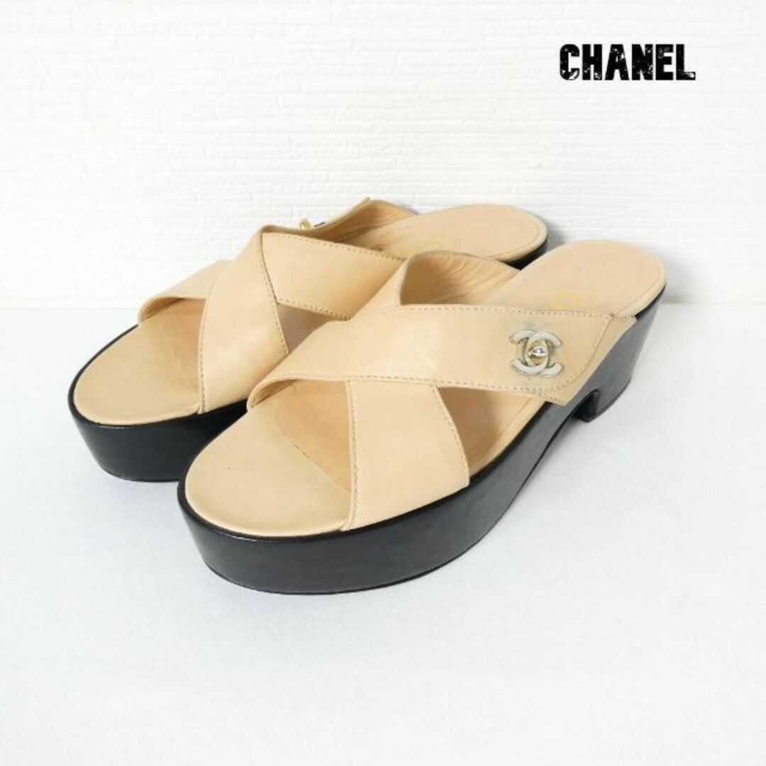 良品 CHANEL ココマーク レザー 厚底 クロスストラップ サンダル-