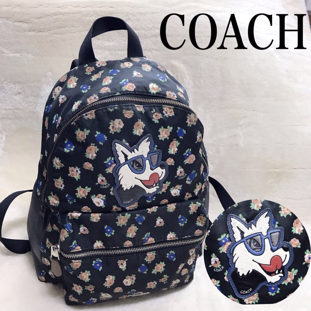 希少 COACH フラワードック バックパック リュック 花柄 コーチ 総柄 黒-