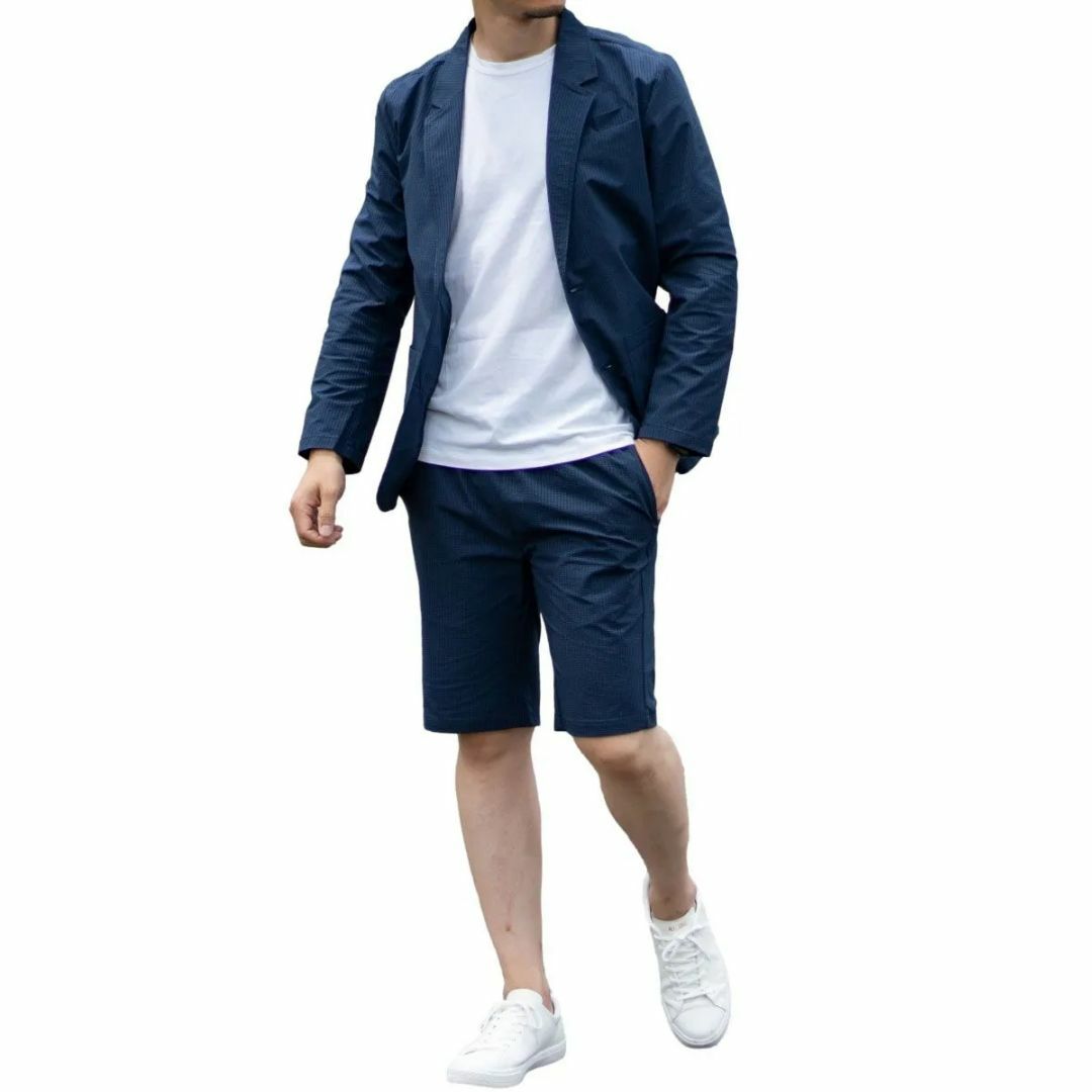 シアサッカー サマージャケット ショーツ セットアップ 紺 (全3色)