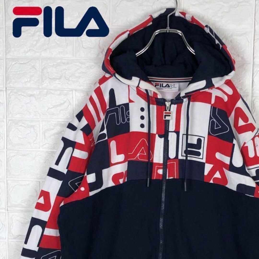 FILA - フィラ 総柄ロゴ バイカラーパーカー ビッグサイズ 裏起毛