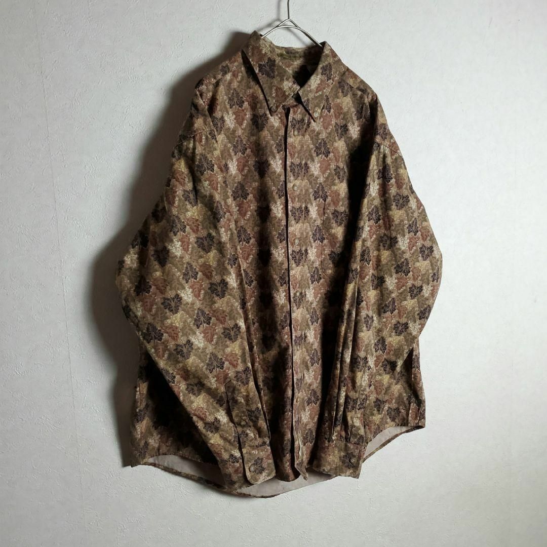 【長袖シャツ リーフ柄 総柄 ブラウン 茶 柄シャツ 秋冬 ビンテージ 古着】