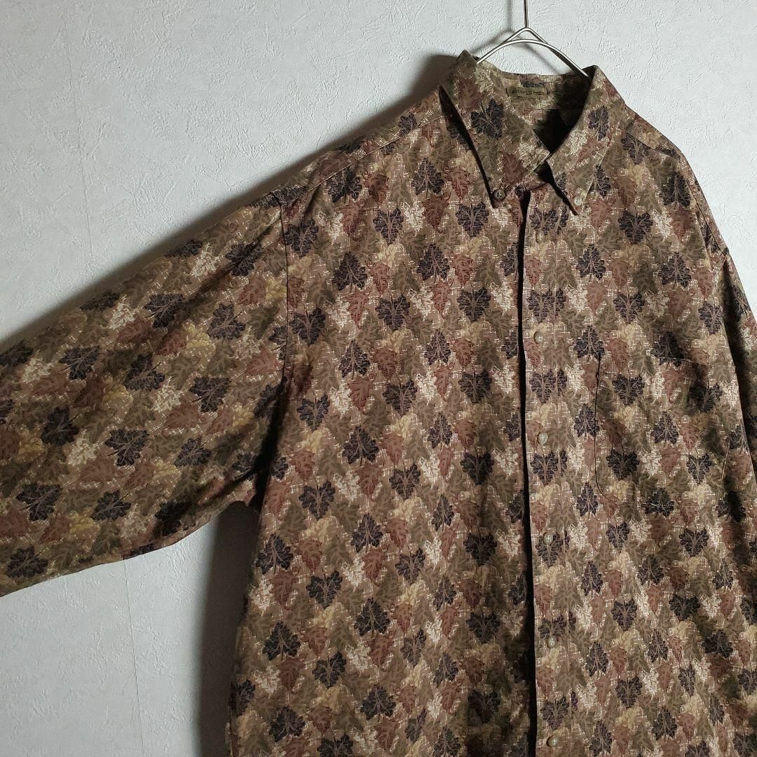 【長袖シャツ リーフ柄 総柄 ブラウン 茶 柄シャツ 秋冬 ビンテージ 古着】