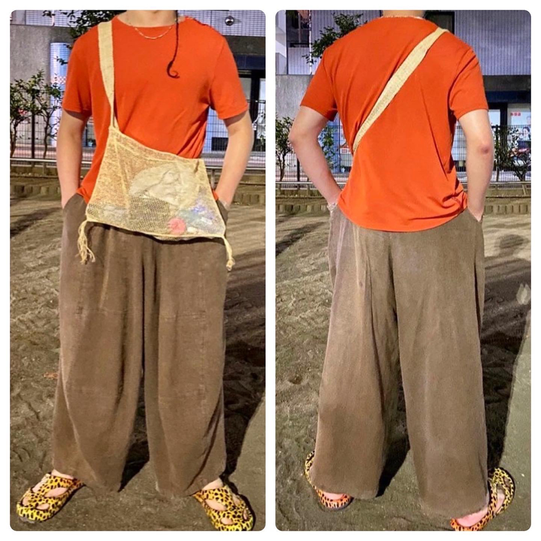 ポケ付き vintage 90s 肉厚 リネン コットン 極太 ワイド 袴パンツ