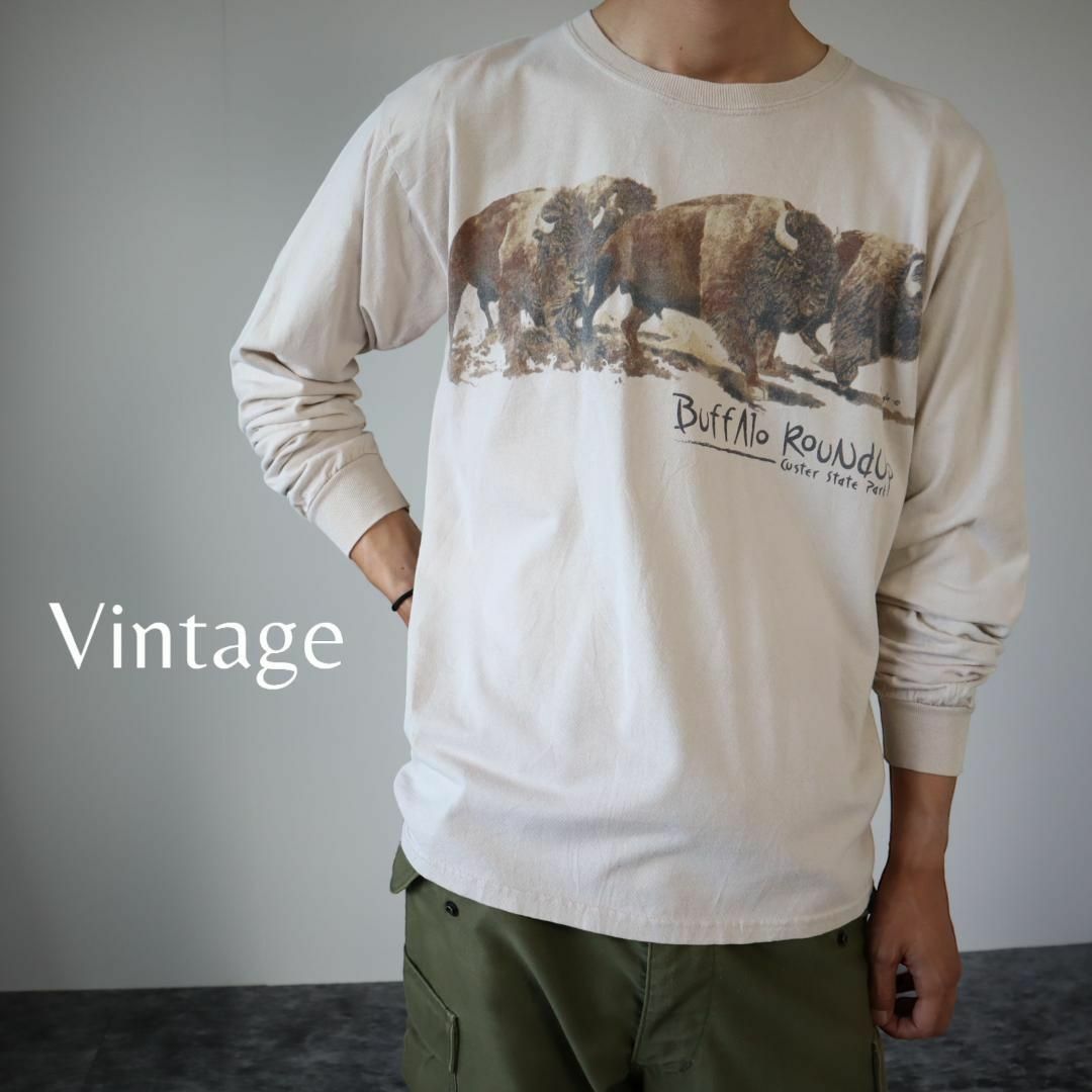 【vintage】バッファロー プリント ルーズ 長袖Tシャツ カットソー 白系